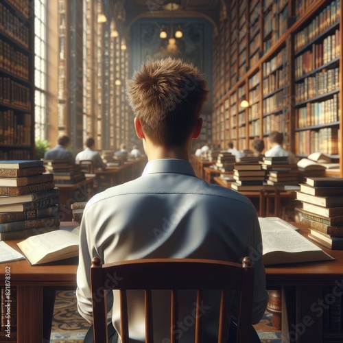 Boy Reading and Studying in a Library Filled with Books
