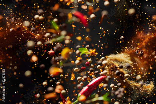 Fototapeta Naklejka Na Ścianę i Meble -  freeze motion of spice explosion black background AI