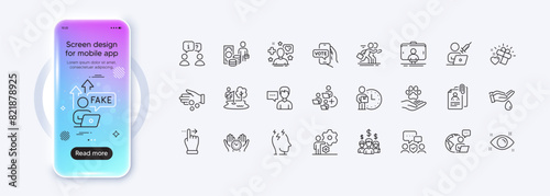 Pets care, Vaccination appointment and Interview documents line icons for web app. Phone mockup gradient screen. Pack of Selfie stick, Money profit, Person talk pictogram icons. Vector