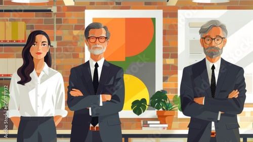 Three illustrated businesspeople stand together confidently in an office setting, arms crossed, with a warm, creative backdrop.