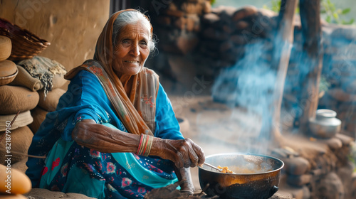 Indian villager old lady making food on chulha photo