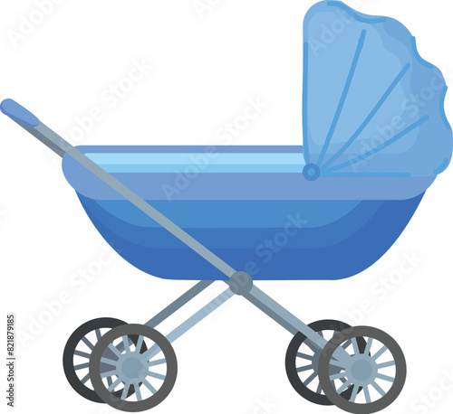 Vintage blue baby stroller illustration in vector format with modern safety features for newborns and infants, perfect for urban leisure strolls in the park and family outings