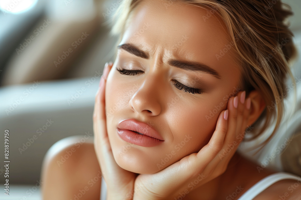 Woman with toothache, periodontal disease in wisdom teeth, gum inflammation, dental pain Woman with toothache, periodontal disease in wisdom teeth, gum inflammation, dental pain