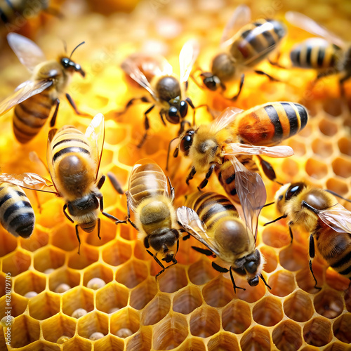 Macro photo of working bees on honeycombs. Beekeeping and honey production image © Usama