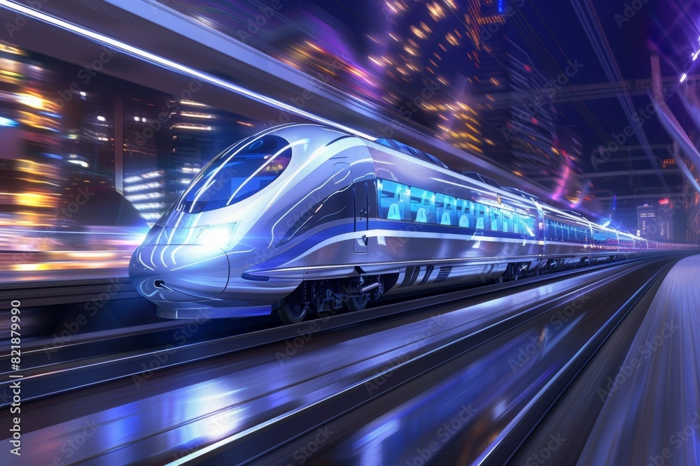 Fototapeta premium High-speed train, city background, night scene, cool tone, white body, streamlined design, modern style, glass windows, dynamic blur, illuminated in the style of lights in the front of buildings.