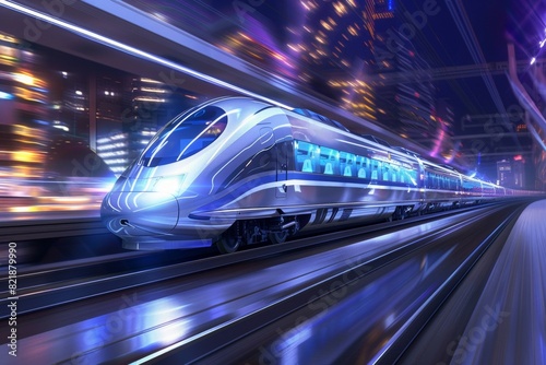 High-speed train, city background, night scene, cool tone, white body, streamlined design, modern style, glass windows, dynamic blur, illuminated in the style of lights in the front of buildings.