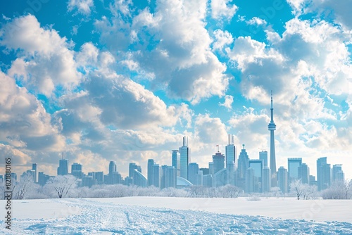 a snowy landscape with a city skyline