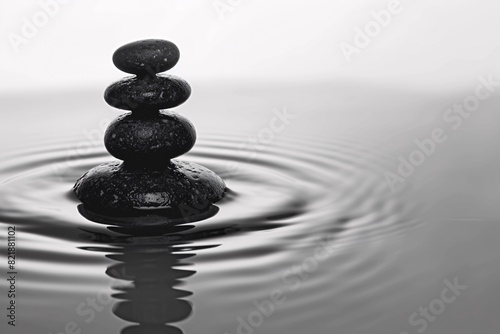 a stack of black stones in water