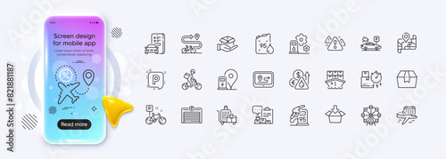 Shipment, Select flight and Flight sale line icons for web app. Phone mockup gradient screen. Pack of Petrol station, Bike path, Map pictogram icons. Inventory report, Bike, Baggage cart signs. Vector