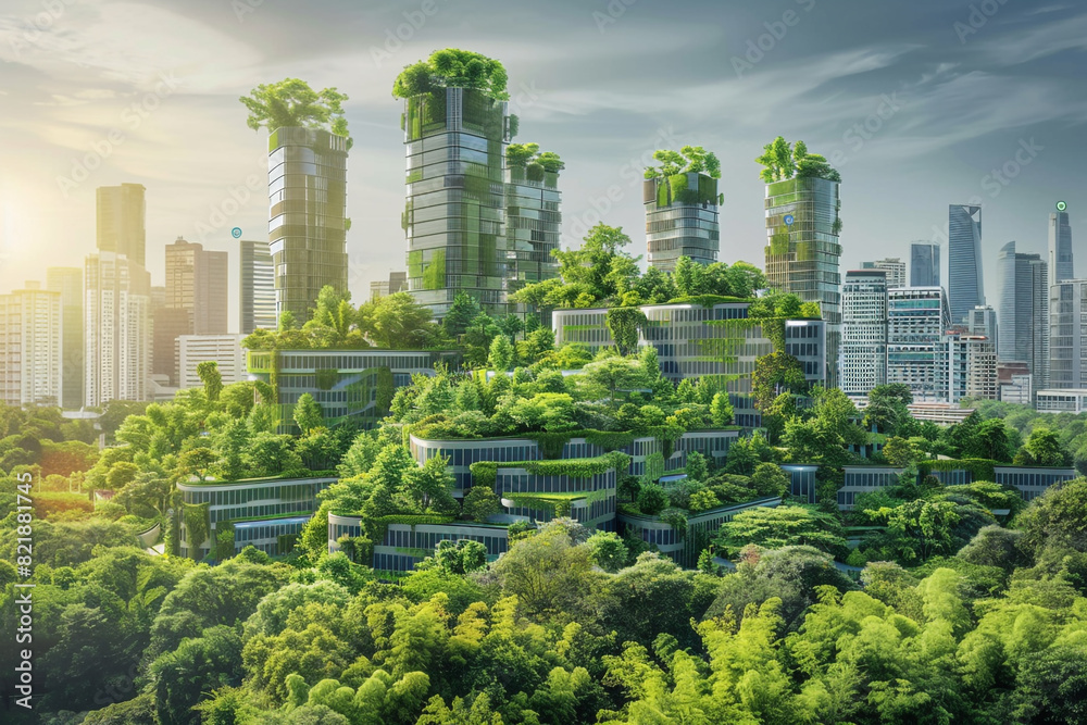 Fototapeta premium Sustainable urban design project concept Green cityscape, including eco-friendly buildings and lush parks It reflects a future focused approach to city planning