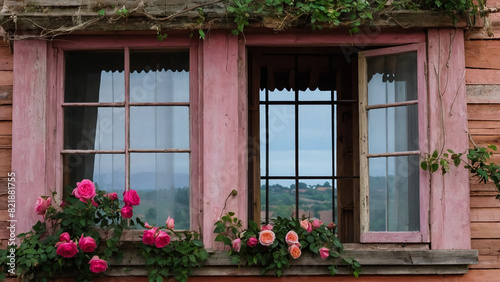 Bouquet of flowers pink roses on the window. Rustic still life. Cosiness in the house. 