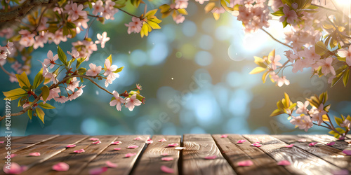 top of a wooden table with the mesmerizing sight of cherry blossoms creating a colorful and whimsical spring tapestry, background
