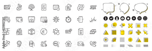 Set of Phone photo, Fingerprint access and Parking security line icons for web app. Design elements, Social media icons. Comments, Incubator, Home facility icons. Vector
