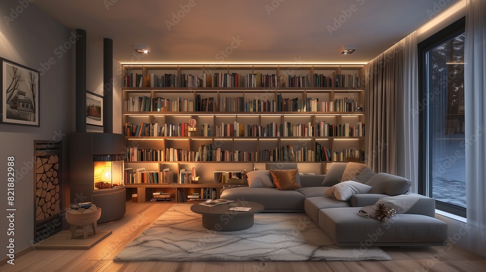 A cozy modern living room with a built-in bookshelf wall