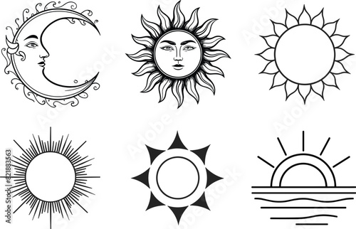 Set of sun and moon, vector illustration.