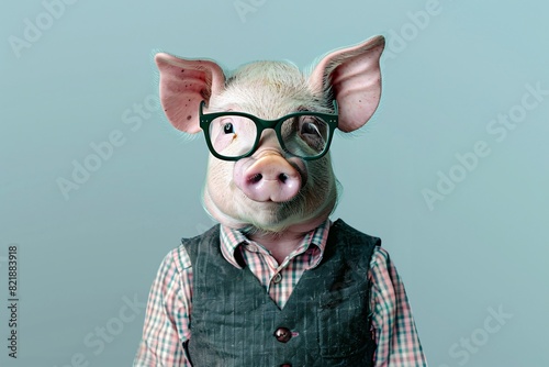 a pig wearing glasses and vest