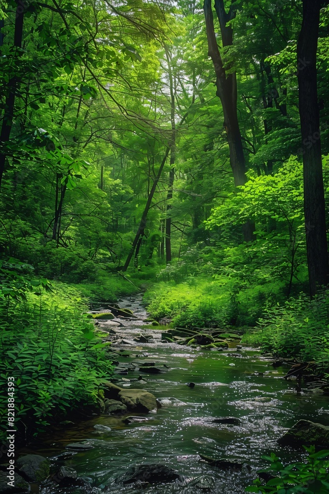 small stream flowing through a lush green forest