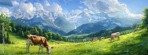 Milk cows grazing in an alpine meadow with idylic mountains in the distance photo