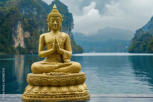 a gold statue of a buddha sitting on a platform with water and mountains in the background