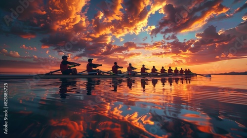Skilled rowers sync strokes perfectly beneath a dramatic sunset, creating a harmonious rhythm. photo
