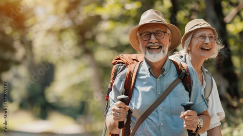 Portrait of active elderly couple hiking together in park. Senior tourists walking with trekking poles. Bright smile and happy. Copy space.