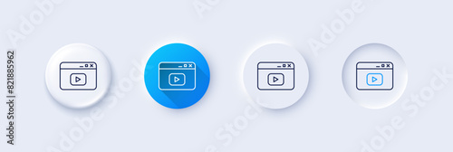 Browser Window line icon. Neumorphic, Blue gradient, 3d pin buttons. Video content sign. Internet page symbol. Line icons. Neumorphic buttons with outline signs. Vector