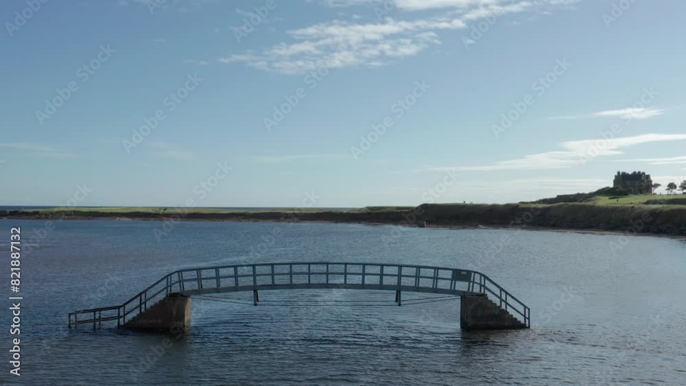 Aerial view of Belhaven Bridge over water, Dunbar, Scotland. Aerial view of Belhaven Bridge over water, Dunbar, Scotland.