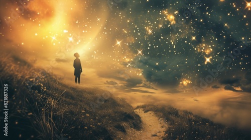 Captivating image of a man standing on a hill, gazing up at a vibrant, star-filled sky merging with a fiery cosmos.