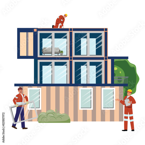 Workers in protective gear installing modular house with architect supervising