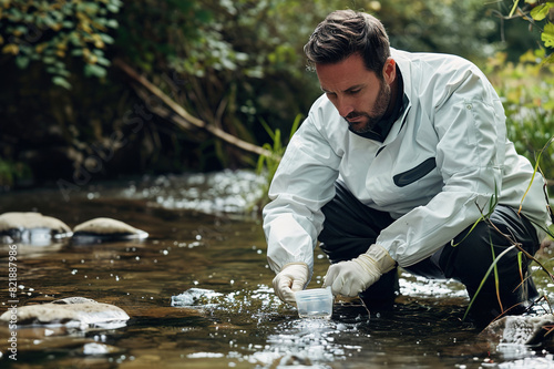 Environmental scientist testing water samples for chemical pollutants, ecosystem health.
