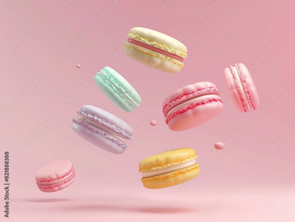 custom made wallpaper toronto digitalClose-Up of Four Flying Macarons in Rainbow Tones, Suspended in Mid-Air Against a Pink Background.