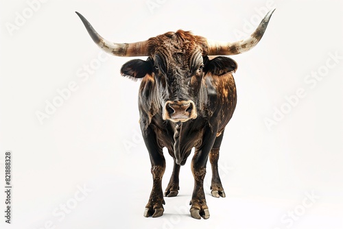 a bull with horns standing on a white background photo