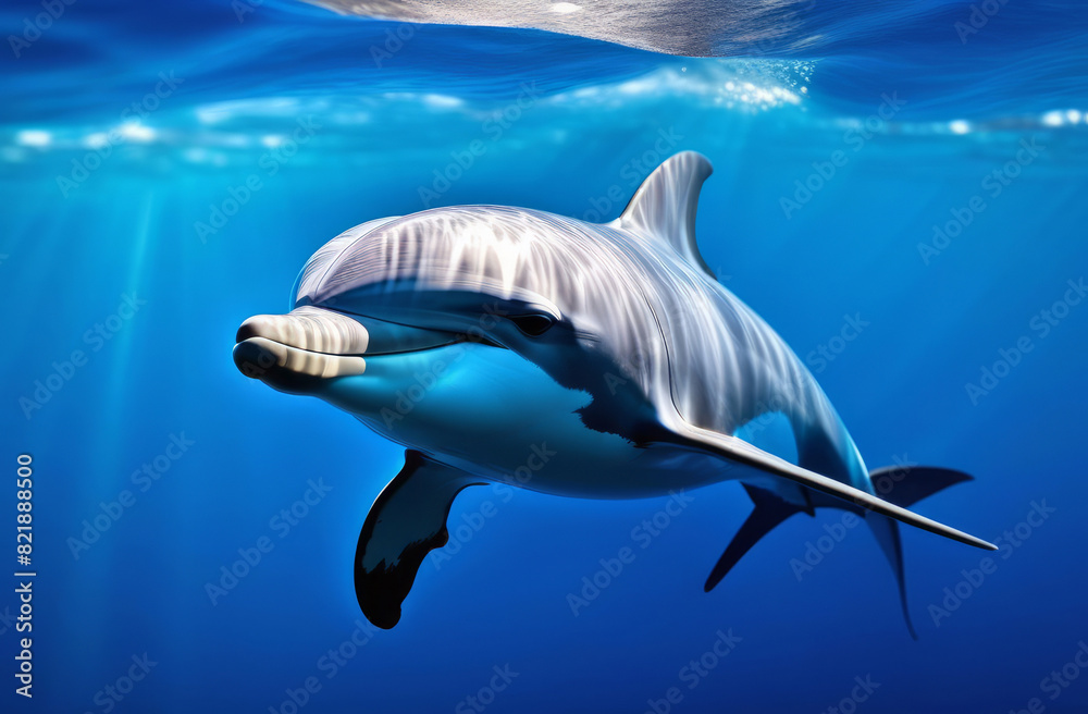 Obraz premium A dolphin swims underwater.