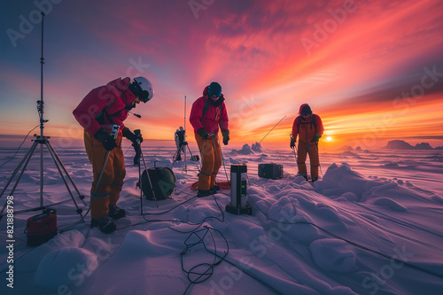 Researchers deploy weather instruments on icy terrain under an Antarctic sunset