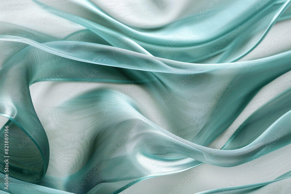 Teal ribbon with a silky sheen, making gentle waves, on white tranquility and serenity Teal ribbon with a silky sheen, making gentle waves, on white tranquility and serenity