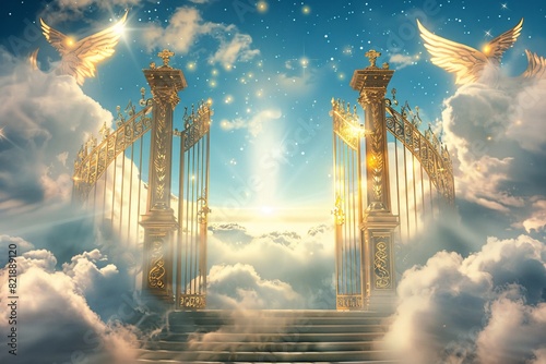 a golden gate with wings and stairs leading to heaven photo