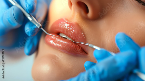 Close-up of a medical professional performing a dental examination on a patient using specialized tools, emphasizing oral health care.