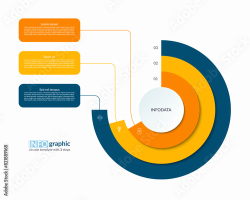 Infographic semi circle layered concentric template with 3 steps, options. Process chart, cycle diagram, vector banner for presentation, report, brochure, web, data visualization. photo