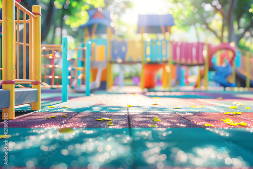 Colorful outdoor playground with equipment and sunlight creating a cheerful atmosphere, ideal for kids to play and have fun.