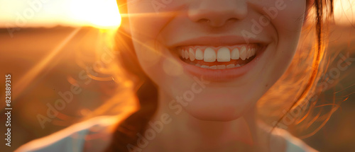 Close-up of a woman smiling joyfully with the sun setting behind her, creating a warm and happy atmosphere. Ideal for positivity and happiness themes.