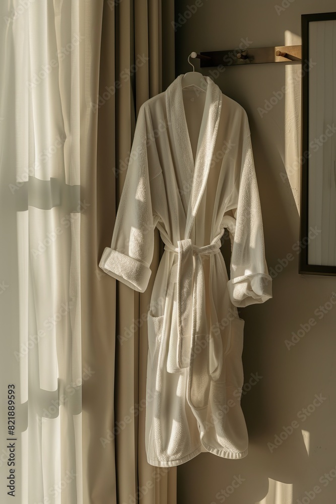 white hotel robe hanging on the wall in the hotel white hotel robe hanging on the wall in the hotel