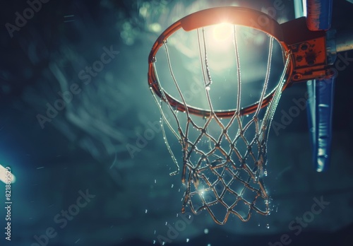 A basketball goes through the hoop and makes a swish sound as it passes cleanly through the net. photo