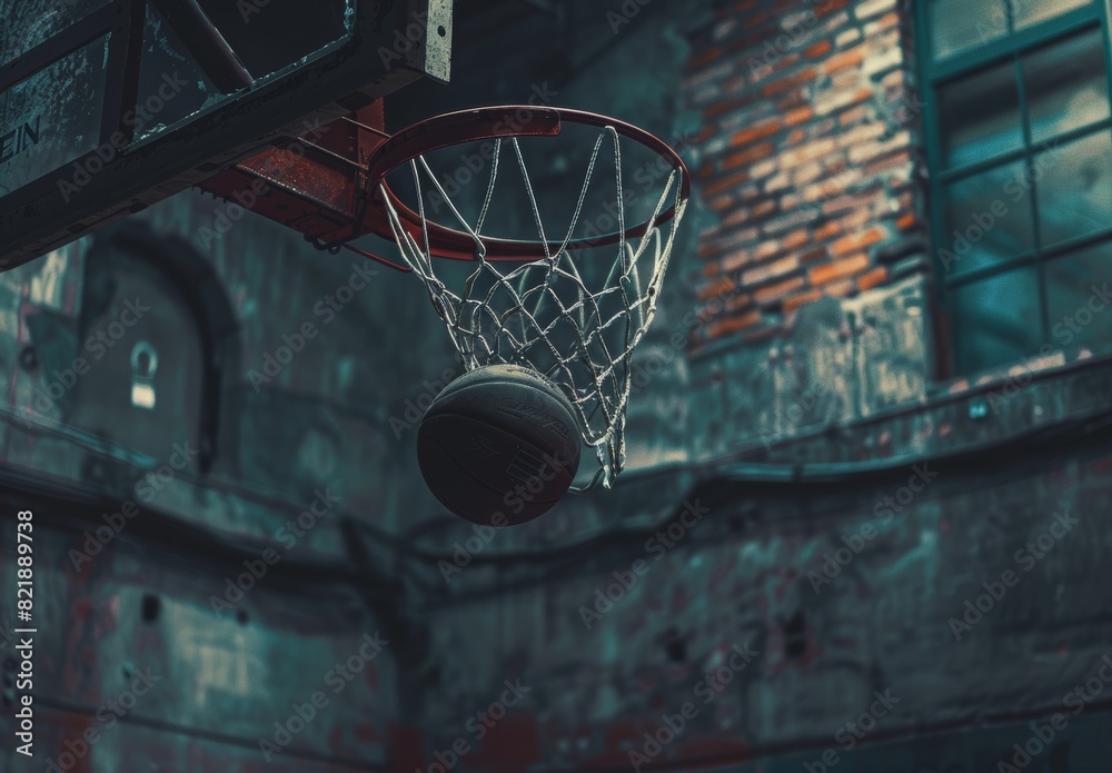 A basketball goes through the hoop and makes a swish sound as it passes cleanly through the net.