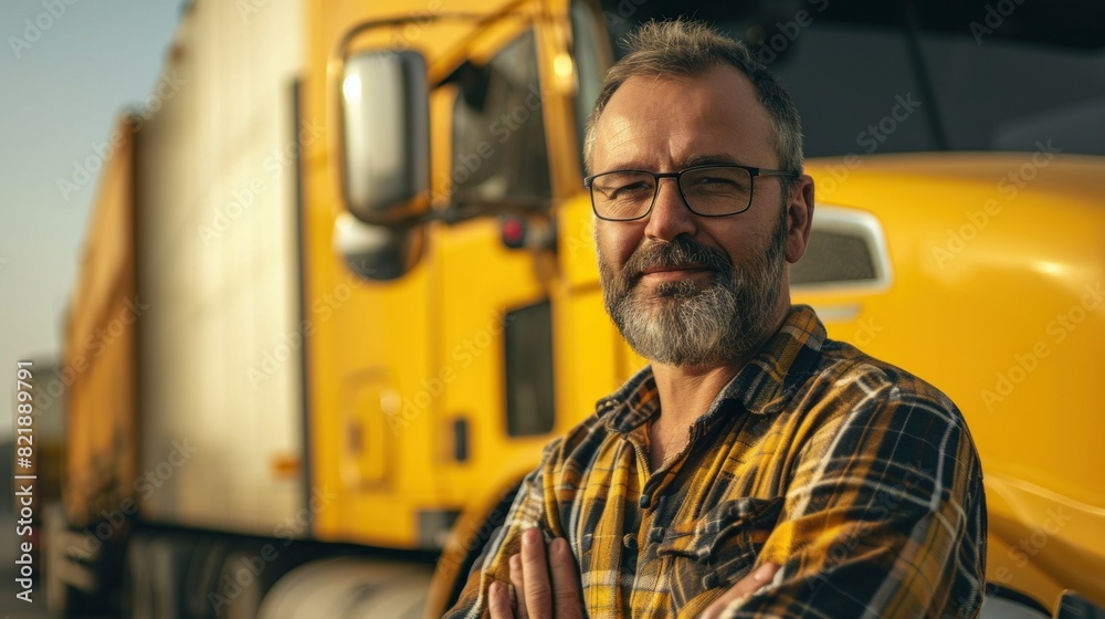 Happy confident male driver standing in front on his truck and looking at camera Happy confident male driver standing in front on his truck and looking at camera