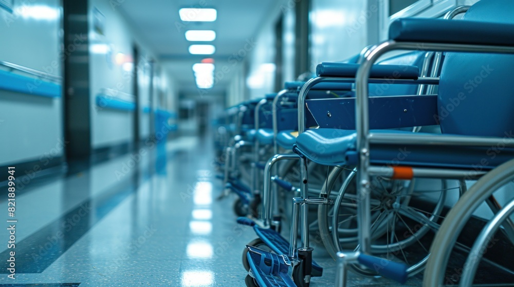 Obraz premium Empty wheelchair in hospital parking at corridor near a row of chairs for patient