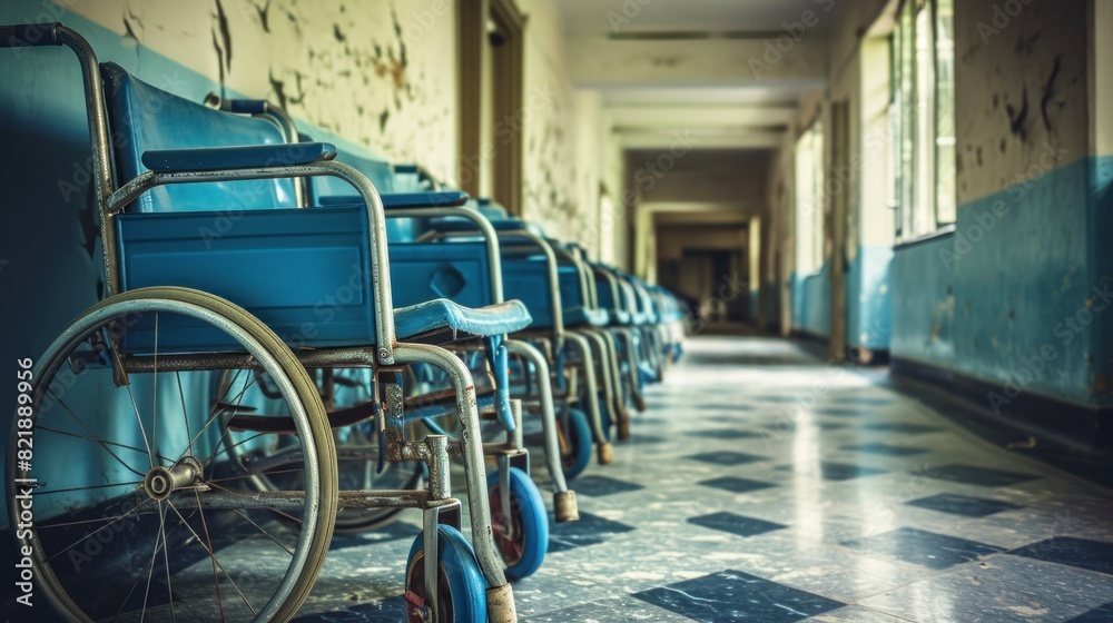 Obraz premium Empty wheelchair in hospital parking at corridor near a row of chairs for patient