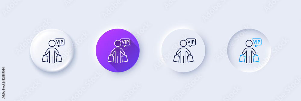 Vip shopping bags line icon. Neumorphic, Purple gradient, 3d pin buttons. Very important person sign. Member club privilege symbol. Line icons. Neumorphic buttons with outline signs. Vector Vip shopping bags line icon. Neumorphic, Purple gradient, 3d pin buttons. Very important person sign. Member club privilege symbol. Line icons. Neumorphic buttons with outline signs. Vector