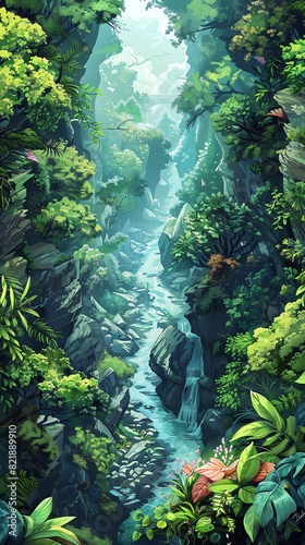 Lush, green, tropical rainforest with dense foliage and a serene river flowing through a rocky canyon, creating a tranquil natural scene.