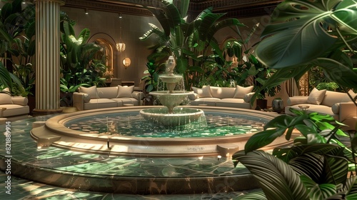 A luxurious living room with a large indoor fountain