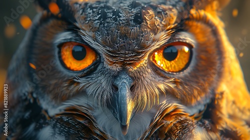 Peer into the soulful eyes of a majestic owl, its feathers ruffled by the wind as it surveys the night with unwavering intensity, captured in cinematic detail.